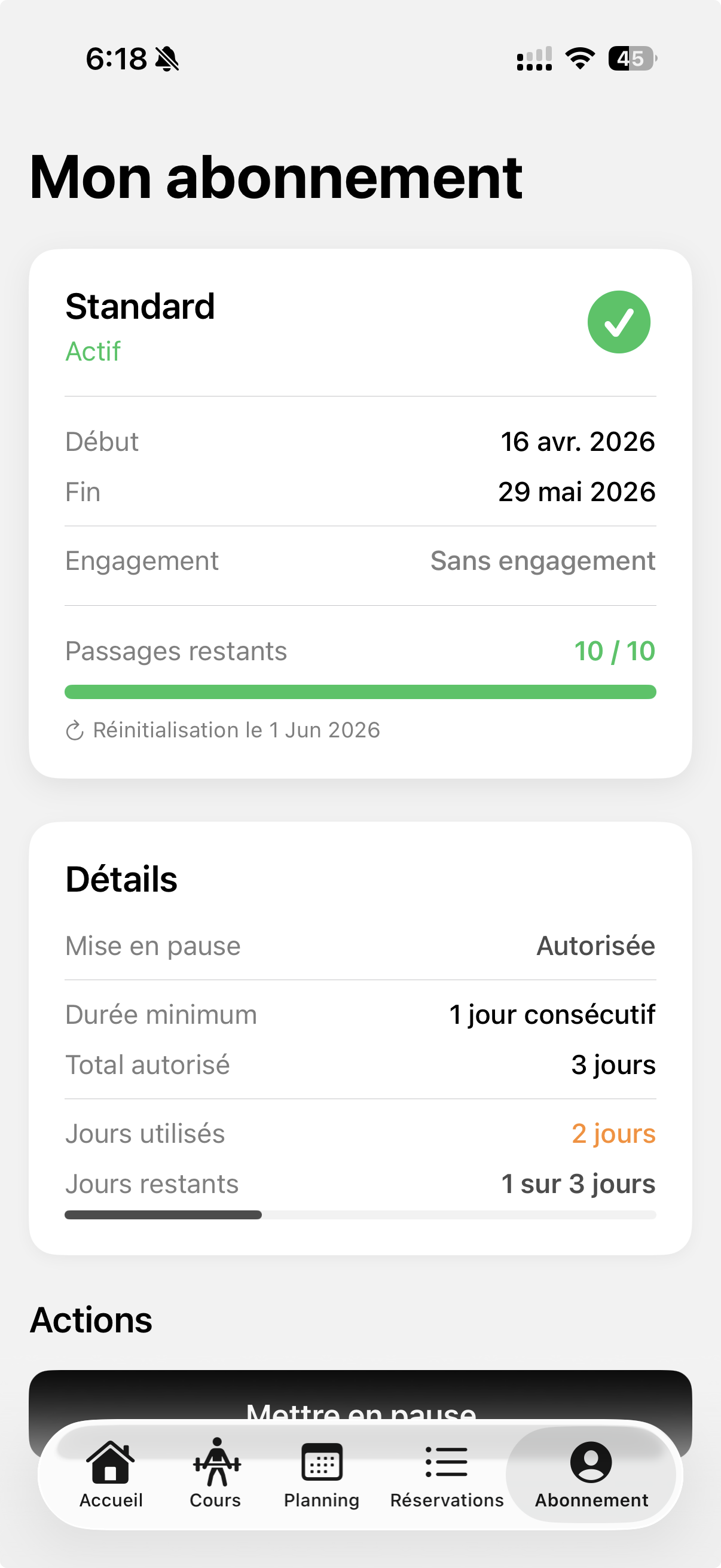 Écran abonnement getInnr